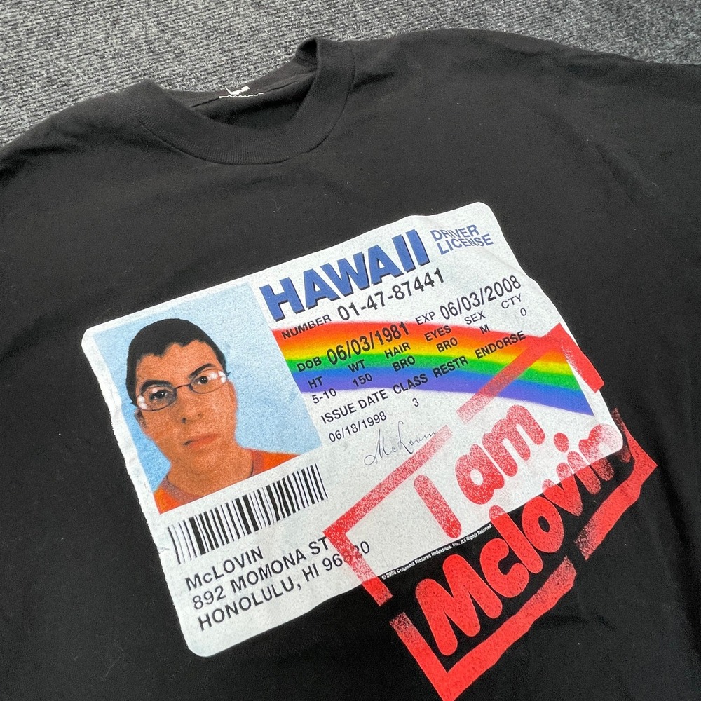 Superbad McLovin Graphic Tee Mens L Black Hawaii Driver License Movie T-Shirt